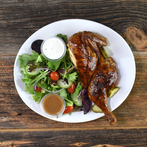 Smoked Half Chicken, Creamy Slaw Topper + 2 Sides