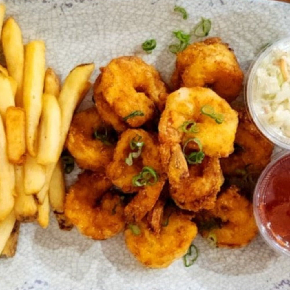 Fried Shrimp & Chips, Creamy Slaw Topper and Cocktail Sauce